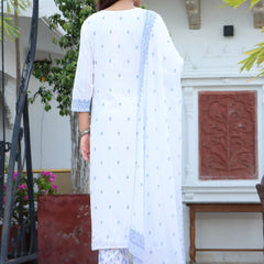 Women White & Blue Color Ethnic Motifs Printed  Rayon Straight Kurta With Trousers & Dupatta Set