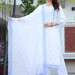 Women White & Blue Color Ethnic Motifs Printed  Rayon Straight Kurta With Trousers & Dupatta Set