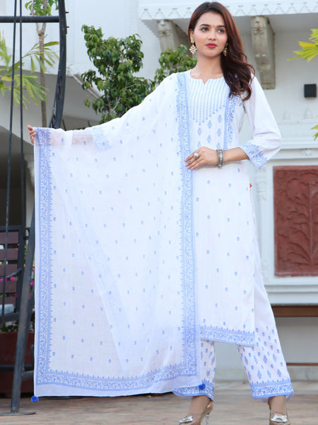 Women White & Blue Color Ethnic Motifs Printed  Rayon Straight Kurta With Trousers & Dupatta Set