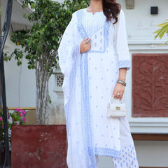 Women White & Blue Color Ethnic Motifs Printed  Rayon Straight Kurta With Trousers & Dupatta Set