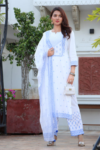 Women White & Blue Color Ethnic Motifs Printed  Rayon Straight Kurta With Trousers & Dupatta Set