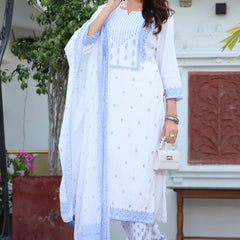 Women White & Blue Color Ethnic Motifs Printed  Rayon Straight Kurta With Trousers & Dupatta Set