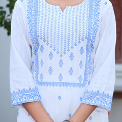 Women White & Blue Color Ethnic Motifs Printed  Rayon Straight Kurta With Trousers & Dupatta Set