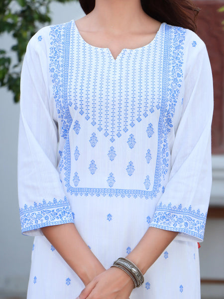 Women White & Blue Color Ethnic Motifs Printed  Rayon Straight Kurta With Trousers & Dupatta Set