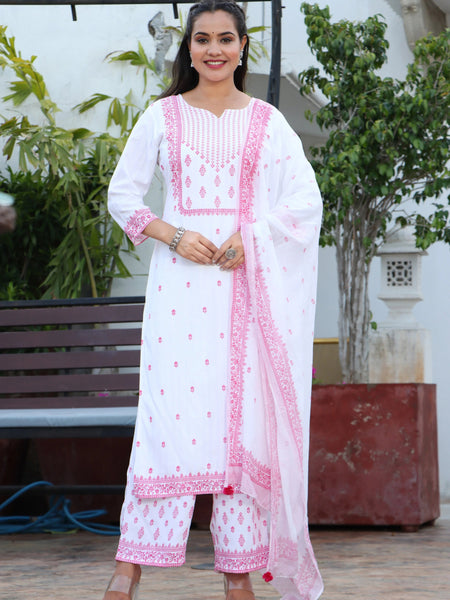 Women White & Pink Color Ethnic Motifs Printed  Rayon Straight Kurta With Trousers & Dupatta Set