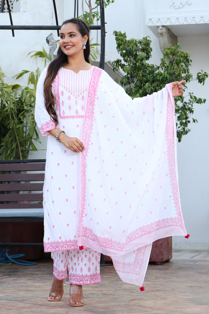 Women White & Pink Color Ethnic Motifs Printed  Rayon Straight Kurta With Trousers & Dupatta Set