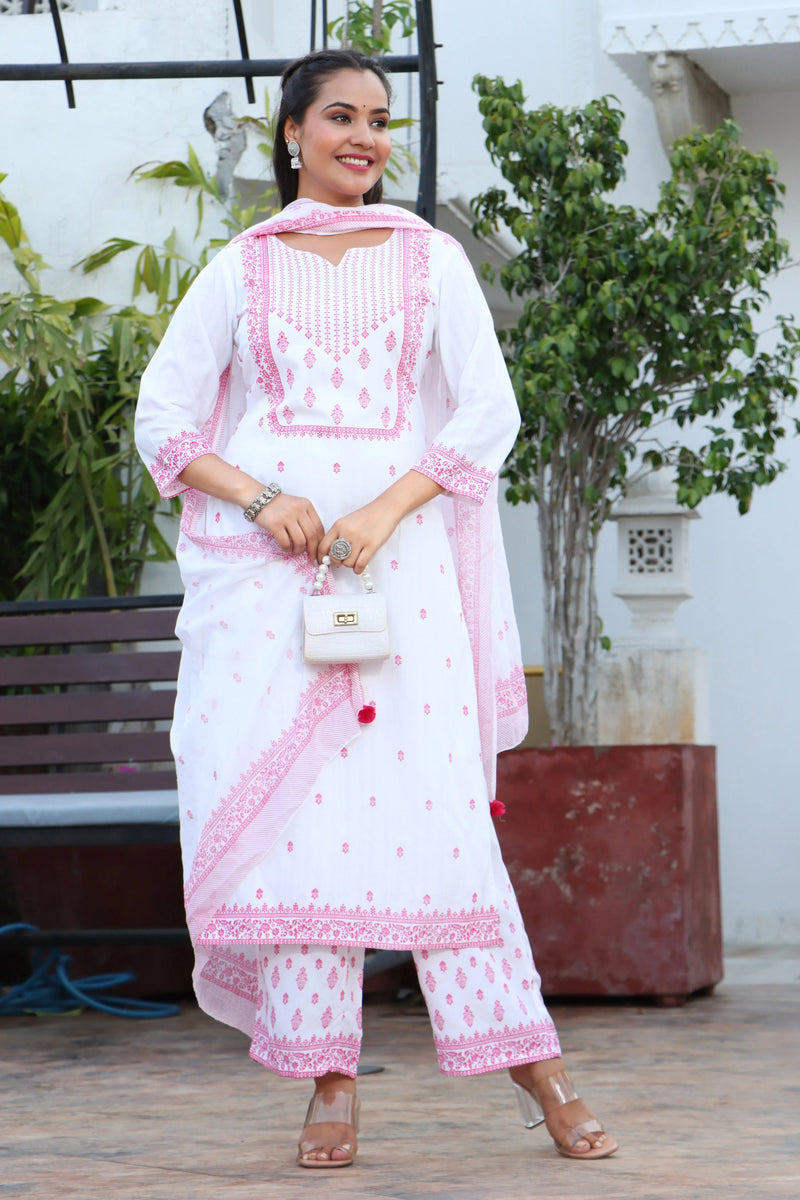 Women White & Pink Color Ethnic Motifs Printed  Rayon Straight Kurta With Trousers & Dupatta Set