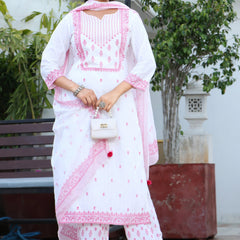 Women White & Pink Color Ethnic Motifs Printed  Rayon Straight Kurta With Trousers & Dupatta Set