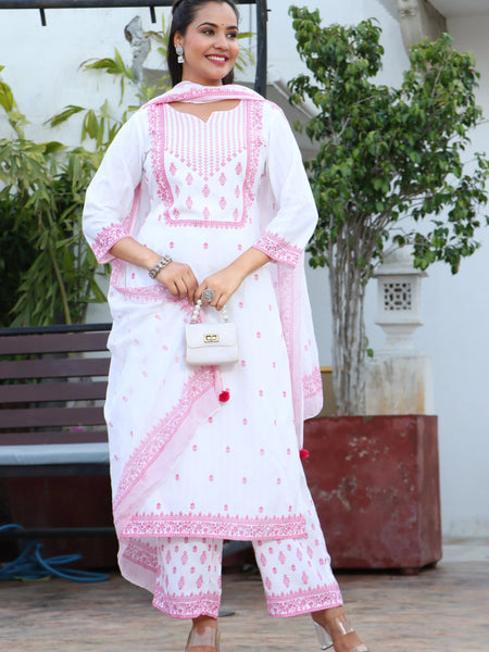 Women White & Pink Color Ethnic Motifs Printed  Rayon Straight Kurta With Trousers & Dupatta Set