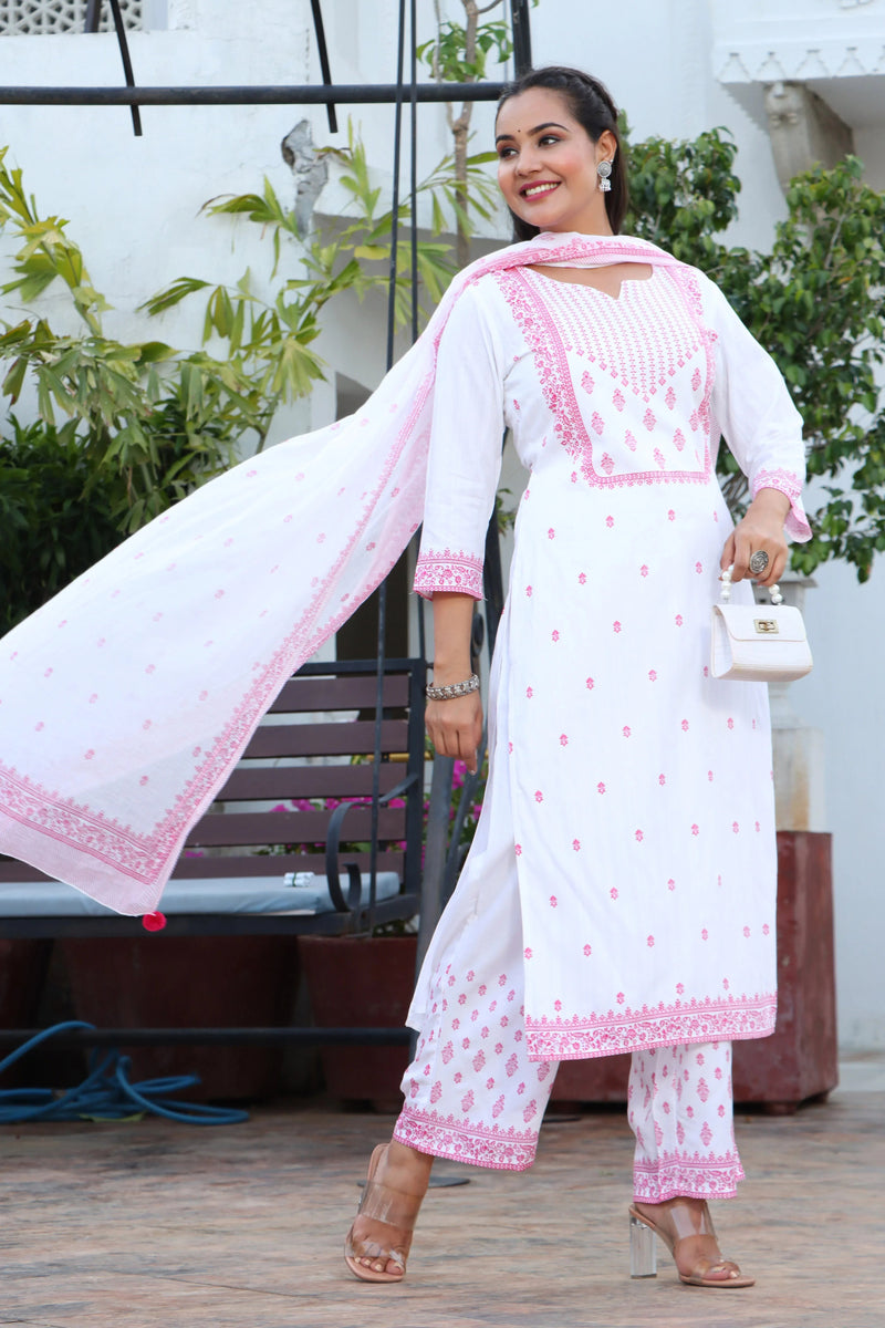 Women White & Pink Color Ethnic Motifs Printed  Rayon Straight Kurta With Trousers & Dupatta Set