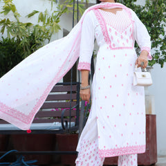 Women White & Pink Color Ethnic Motifs Printed  Rayon Straight Kurta With Trousers & Dupatta Set