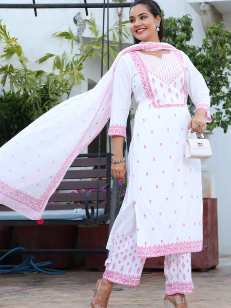 Women White & Pink Color Ethnic Motifs Printed  Rayon Straight Kurta With Trousers & Dupatta Set