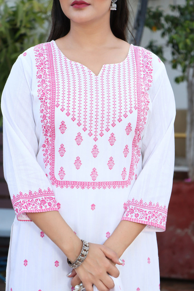 Women White & Pink Color Ethnic Motifs Printed  Rayon Straight Kurta With Trousers & Dupatta Set