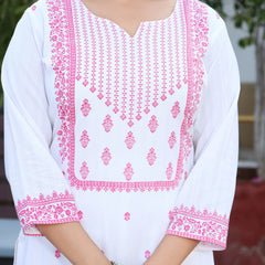 Women White & Pink Color Ethnic Motifs Printed  Rayon Straight Kurta With Trousers & Dupatta Set