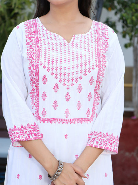 Women White & Pink Color Ethnic Motifs Printed  Rayon Straight Kurta With Trousers & Dupatta Set