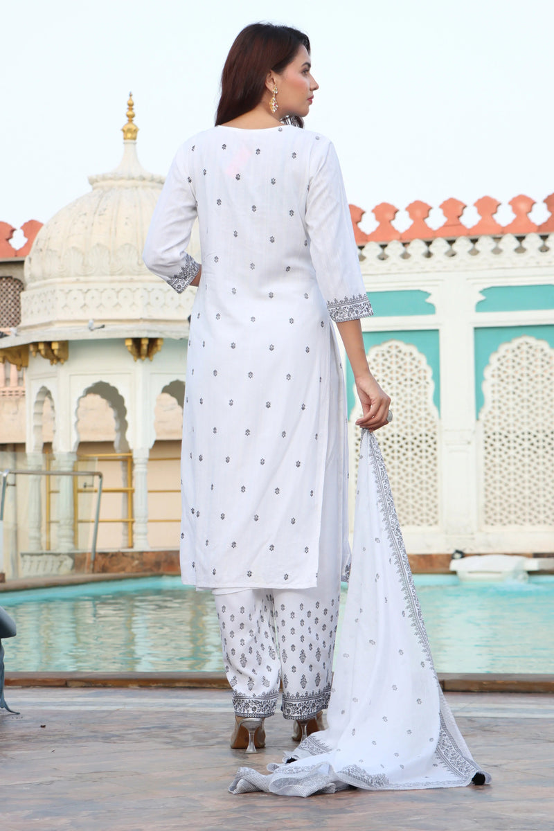 Women White & Black Color Ethnic Motifs Printed  Rayon Straight Kurta With Trousers & Dupatta Set