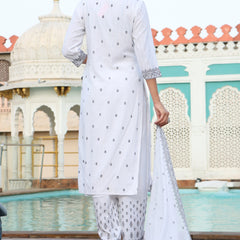 Women White & Black Color Ethnic Motifs Printed  Rayon Straight Kurta With Trousers & Dupatta Set