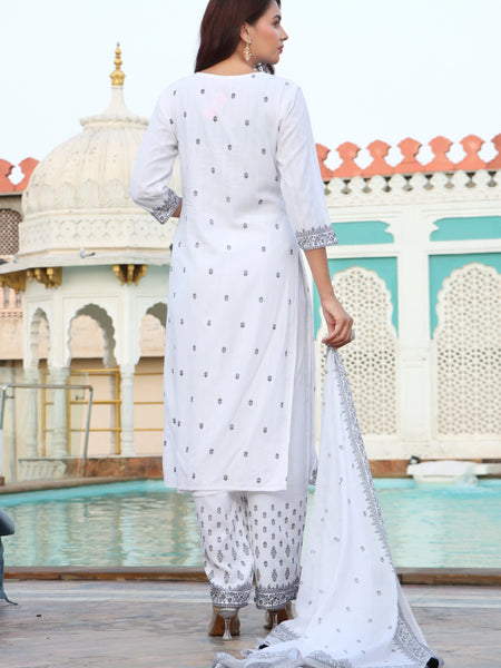 Women White & Black Color Ethnic Motifs Printed  Rayon Straight Kurta With Trousers & Dupatta Set