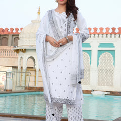 Women White & Black Color Ethnic Motifs Printed  Rayon Straight Kurta With Trousers & Dupatta Set