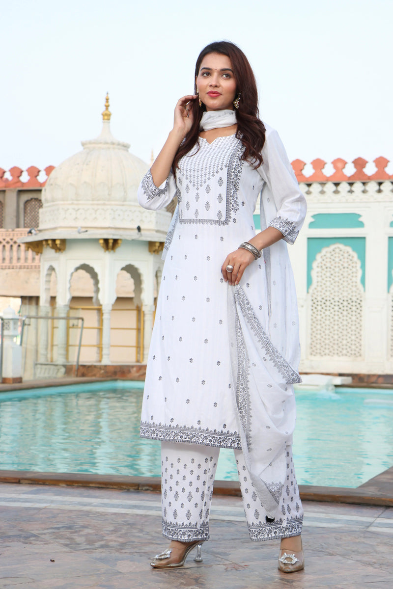 Women White & Black Color Ethnic Motifs Printed  Rayon Straight Kurta With Trousers & Dupatta Set