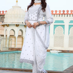 Women White & Black Color Ethnic Motifs Printed  Rayon Straight Kurta With Trousers & Dupatta Set