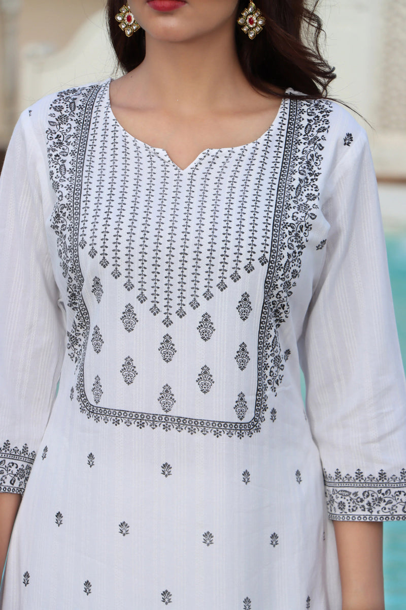 Women White & Black Color Ethnic Motifs Printed  Rayon Straight Kurta With Trousers & Dupatta Set