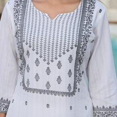 Women White & Black Color Ethnic Motifs Printed  Rayon Straight Kurta With Trousers & Dupatta Set