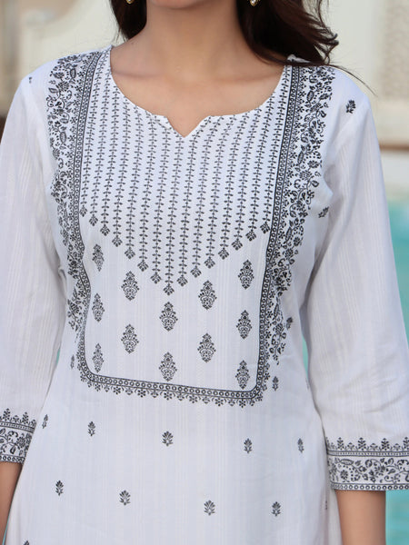 Women White & Black Color Ethnic Motifs Printed  Rayon Straight Kurta With Trousers & Dupatta Set