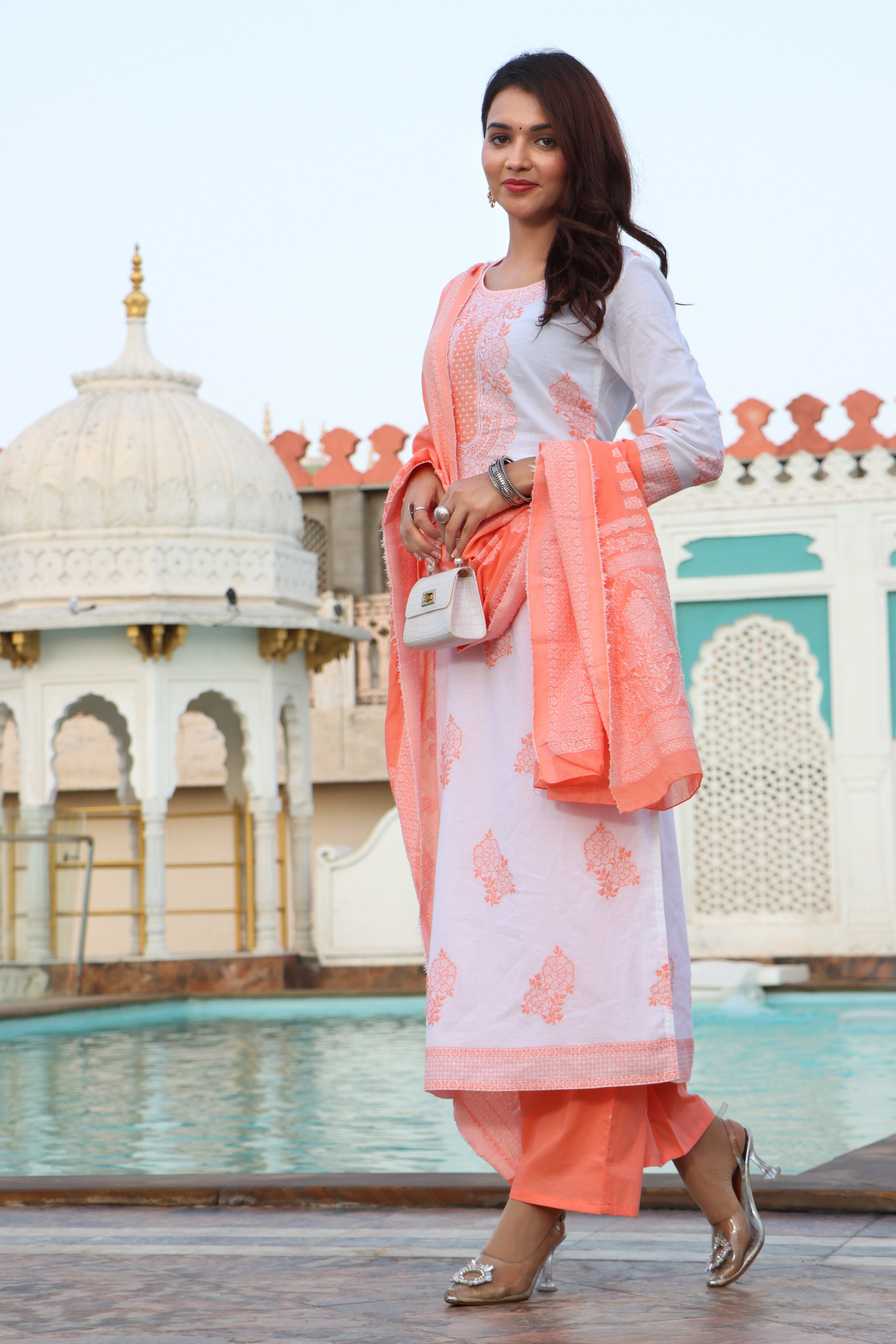 Elegant Women White Weaved Pastel Orange Color Floral Motif's Embroidery Embellished  kurta with  Palazoo & Dupatta  Set
