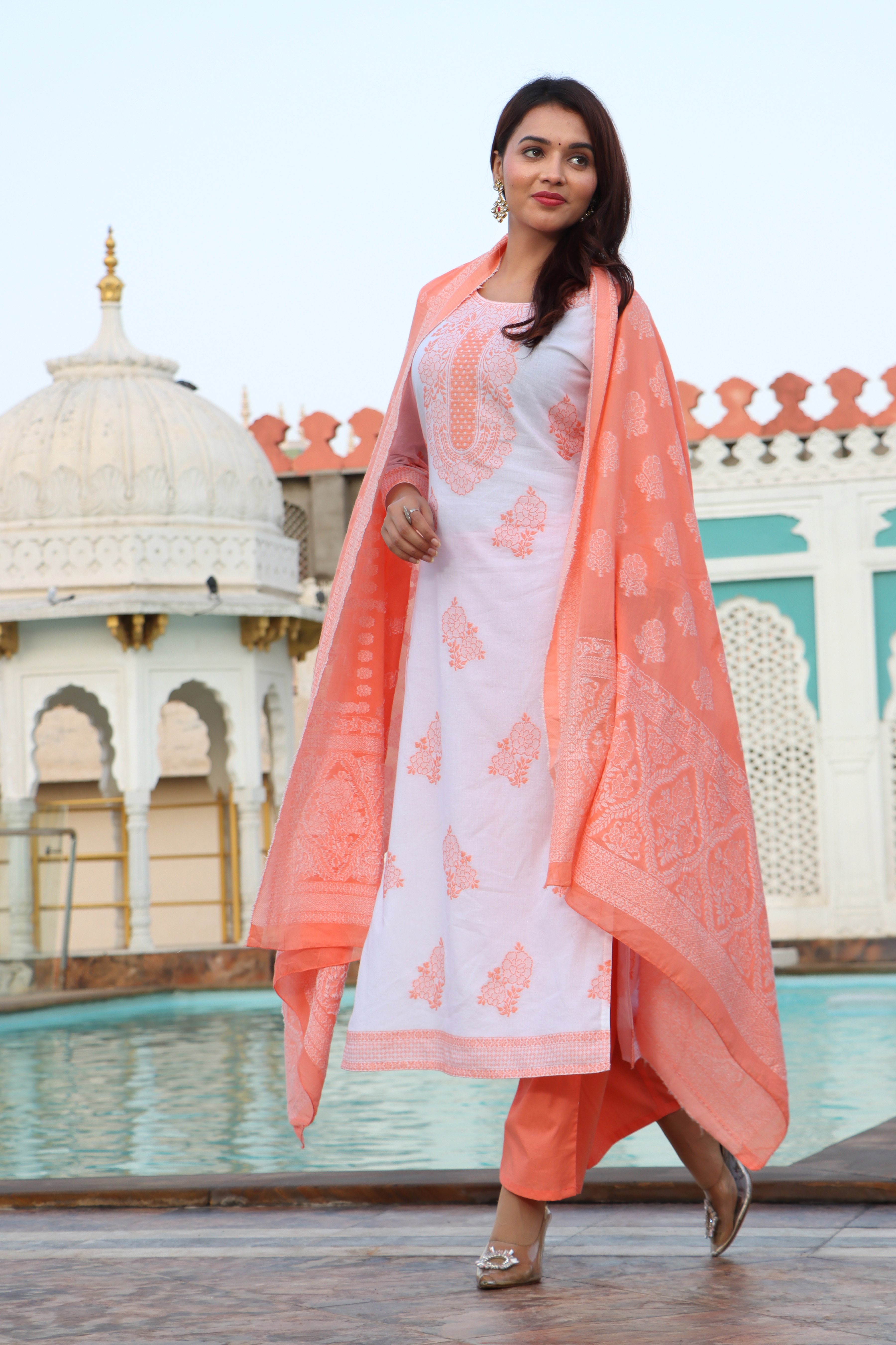 Elegant Women White Weaved Pastel Orange Color Floral Motif's Embroidery Embellished  kurta with  Palazoo & Dupatta  Set