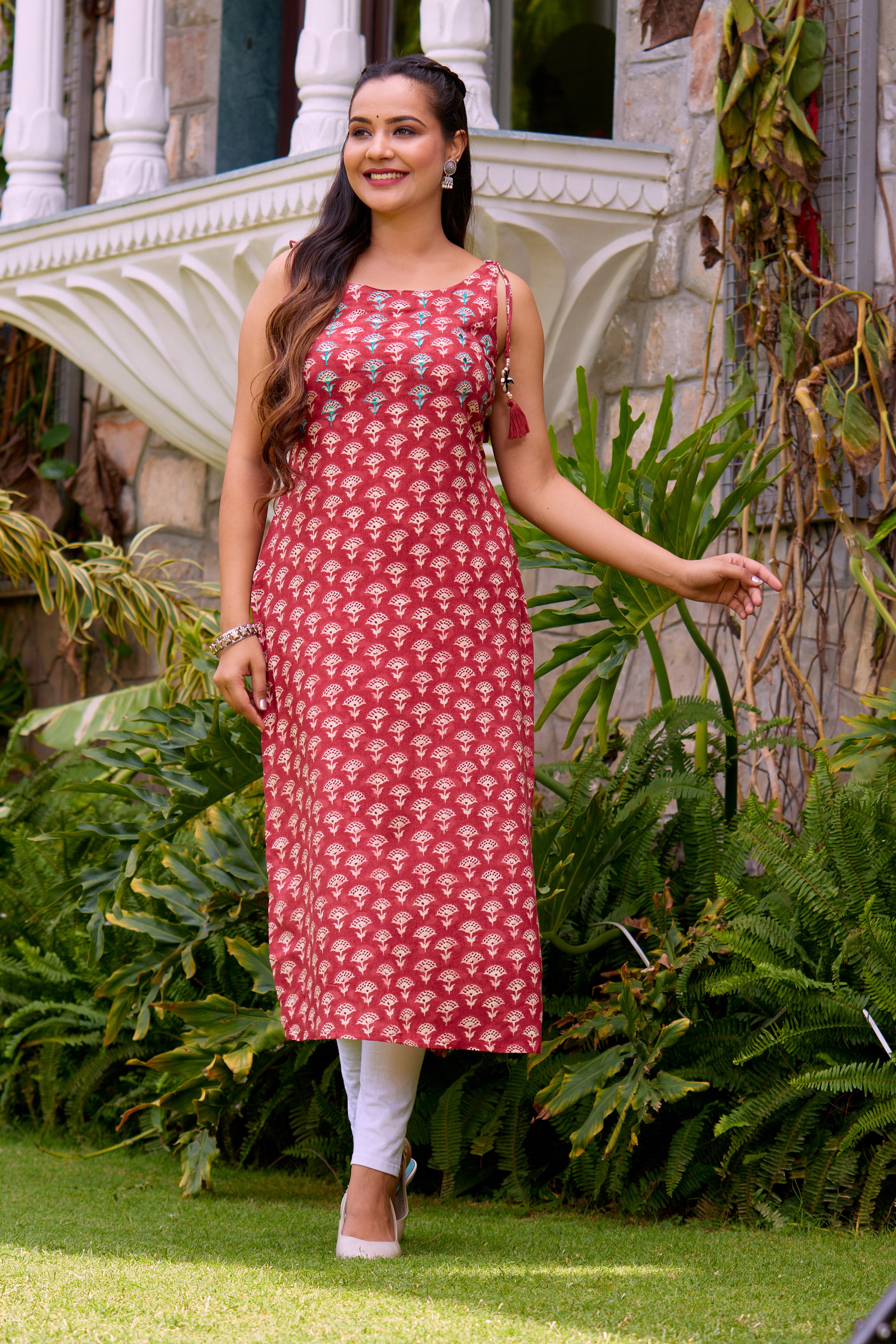 Elegant Women Maroon Color Floral Motif's Print with Embroidery embellished Cut Sleeves Straight Kurta