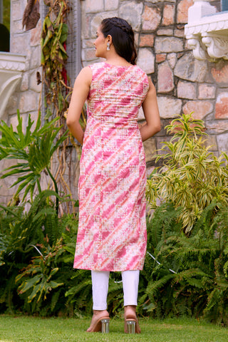 Elegant Women Pink Color Floral Motif's & Leheriya Print with Hand Embroidered embellished Cut Sleeves Straight Kurta