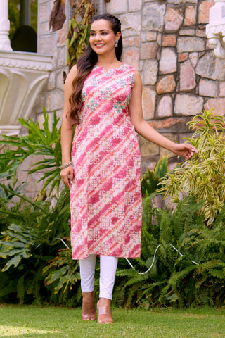 Elegant Women Pink Color Floral Motif's & Leheriya Print with Hand Embroidered embellished Cut Sleeves Straight Kurta