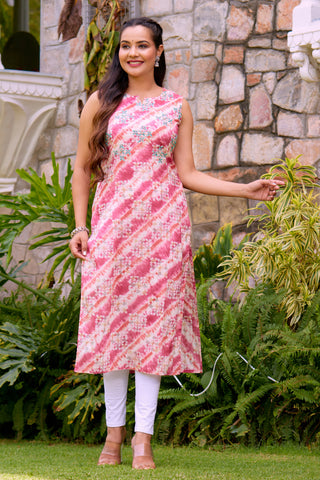 Elegant Women Pink Color Floral Motif's & Leheriya Print with Hand Embroidered embellished Cut Sleeves Straight Kurta