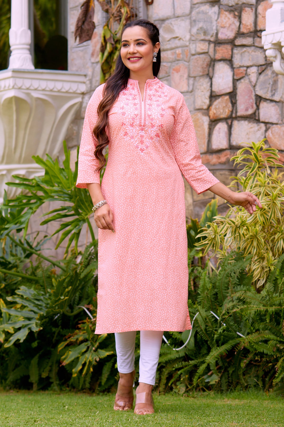 Elegant Women Peach Color Polka Dots Printed with Floral Embroidery embellished Straight Kurta