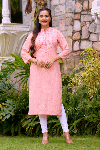 Elegant Women Peach Color Polka Dots Printed with Floral Embroidery embellished Straight Kurta