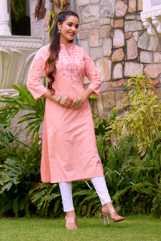 Elegant Women Peach Color Polka Dots Printed with Floral Embroidery embellished Straight Kurta