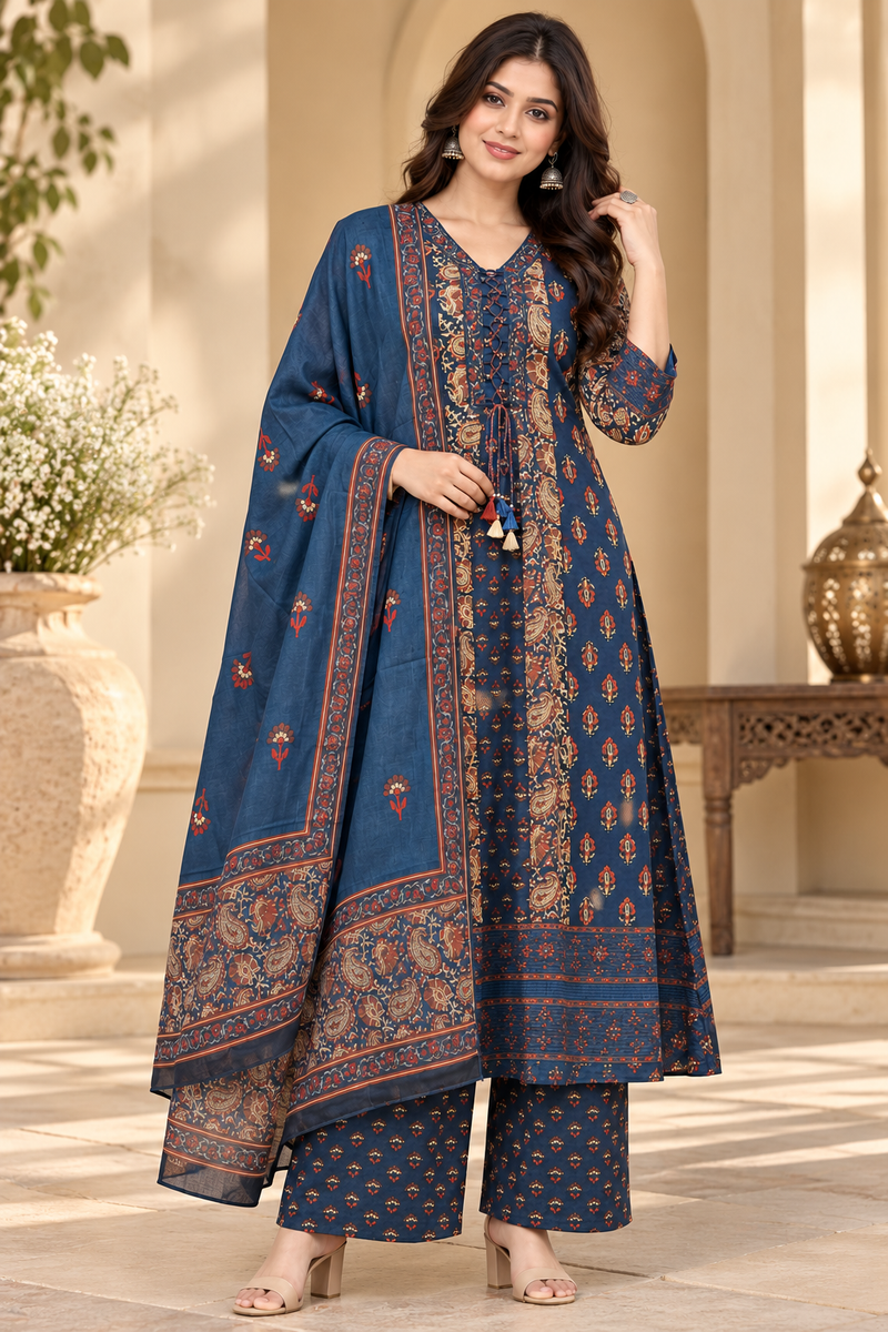 Women’s Blue  Embroidered Kurta Set with Palazzo Pants & Matching Dupatta – Traditional Festive Ethnic Wear