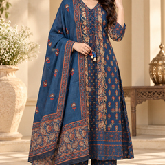 Women’s Blue  Embroidered Kurta Set with Palazzo Pants & Matching Dupatta – Traditional Festive Ethnic Wear
