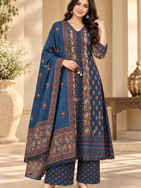 Women’s Blue  Embroidered Kurta Set with Palazzo Pants & Matching Dupatta – Traditional Festive Ethnic Wear