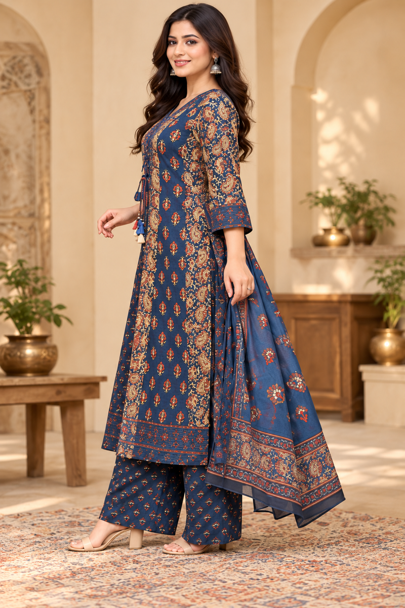 Women’s Blue  Embroidered Kurta Set with Palazzo Pants & Matching Dupatta – Traditional Festive Ethnic Wear