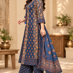 Women’s Blue  Embroidered Kurta Set with Palazzo Pants & Matching Dupatta – Traditional Festive Ethnic Wear
