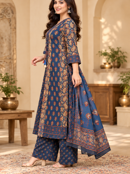 Women’s Blue  Embroidered Kurta Set with Palazzo Pants & Matching Dupatta – Traditional Festive Ethnic Wear