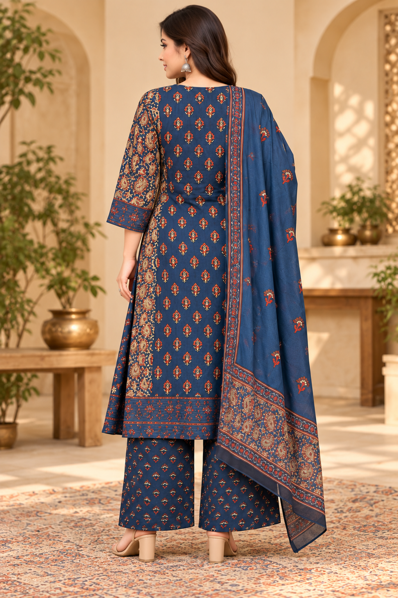 Women’s Blue  Embroidered Kurta Set with Palazzo Pants & Matching Dupatta – Traditional Festive Ethnic Wear
