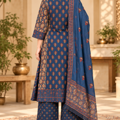 Women’s Blue  Embroidered Kurta Set with Palazzo Pants & Matching Dupatta – Traditional Festive Ethnic Wear