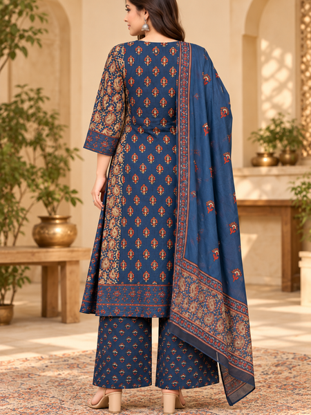 Women’s Blue  Embroidered Kurta Set with Palazzo Pants & Matching Dupatta – Traditional Festive Ethnic Wear