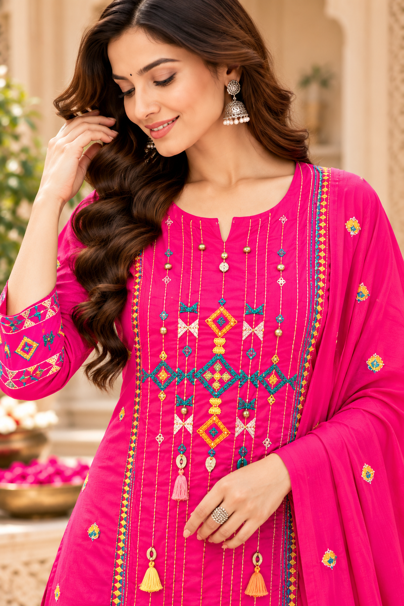 Women’s Hot Pink Embroidered Kurta Set with Palazzo Pants & Matching Dupatta – Traditional Festive Ethnic Wear