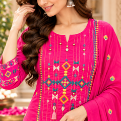 Women’s Hot Pink Embroidered Kurta Set with Palazzo Pants & Matching Dupatta – Traditional Festive Ethnic Wear