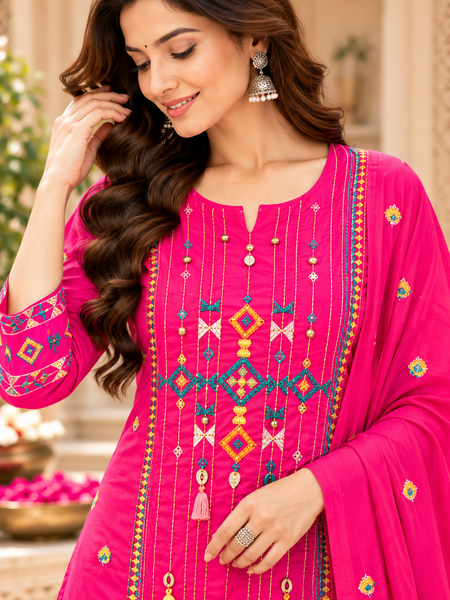 Women’s Hot Pink Embroidered Kurta Set with Palazzo  & Matching Dupatta – Traditional Festive Ethnic Wear