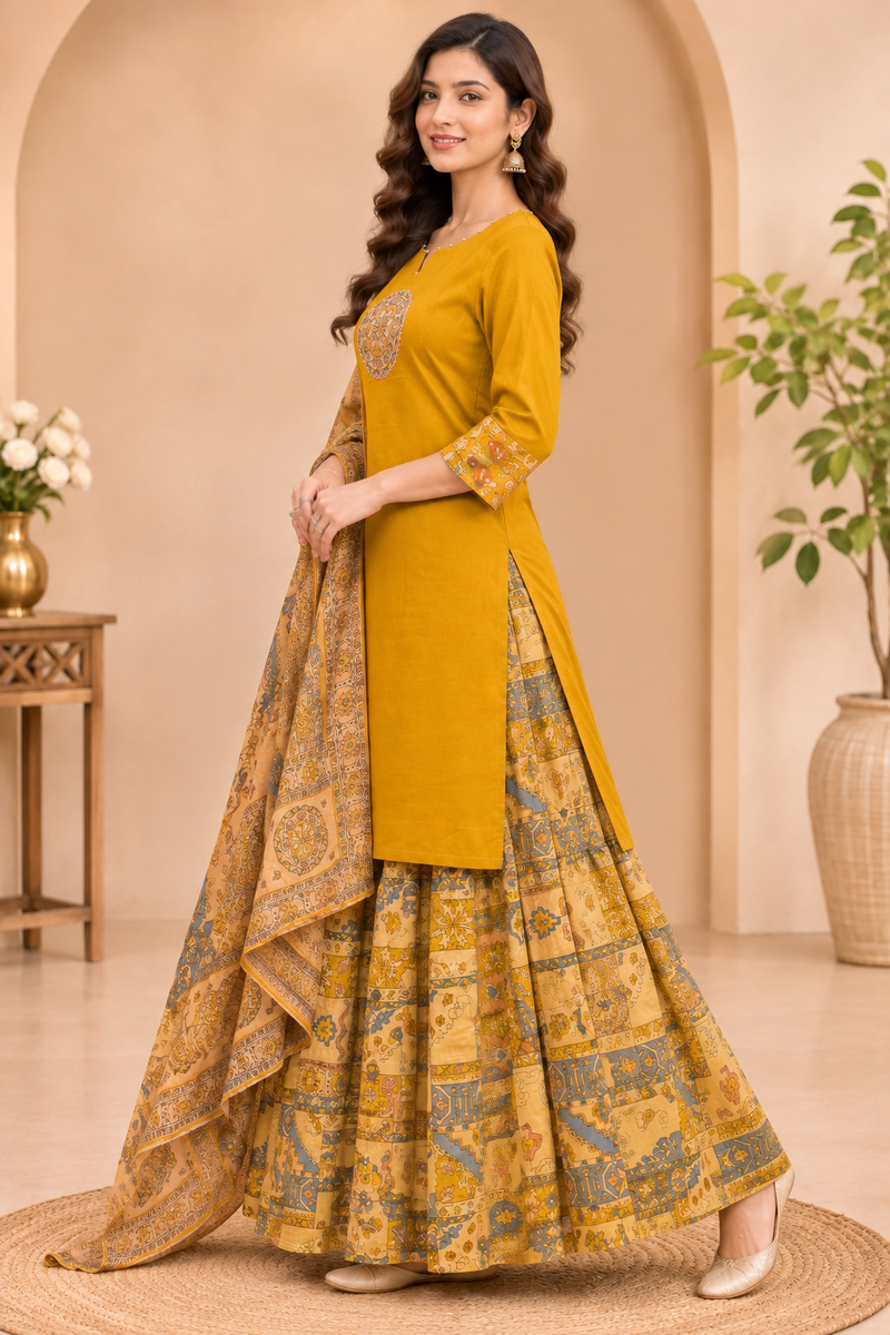 Women Yellow    Embroidered Kurta Set with Palazzo  & Matching Dupatta – Traditional Festive Ethnic Wear